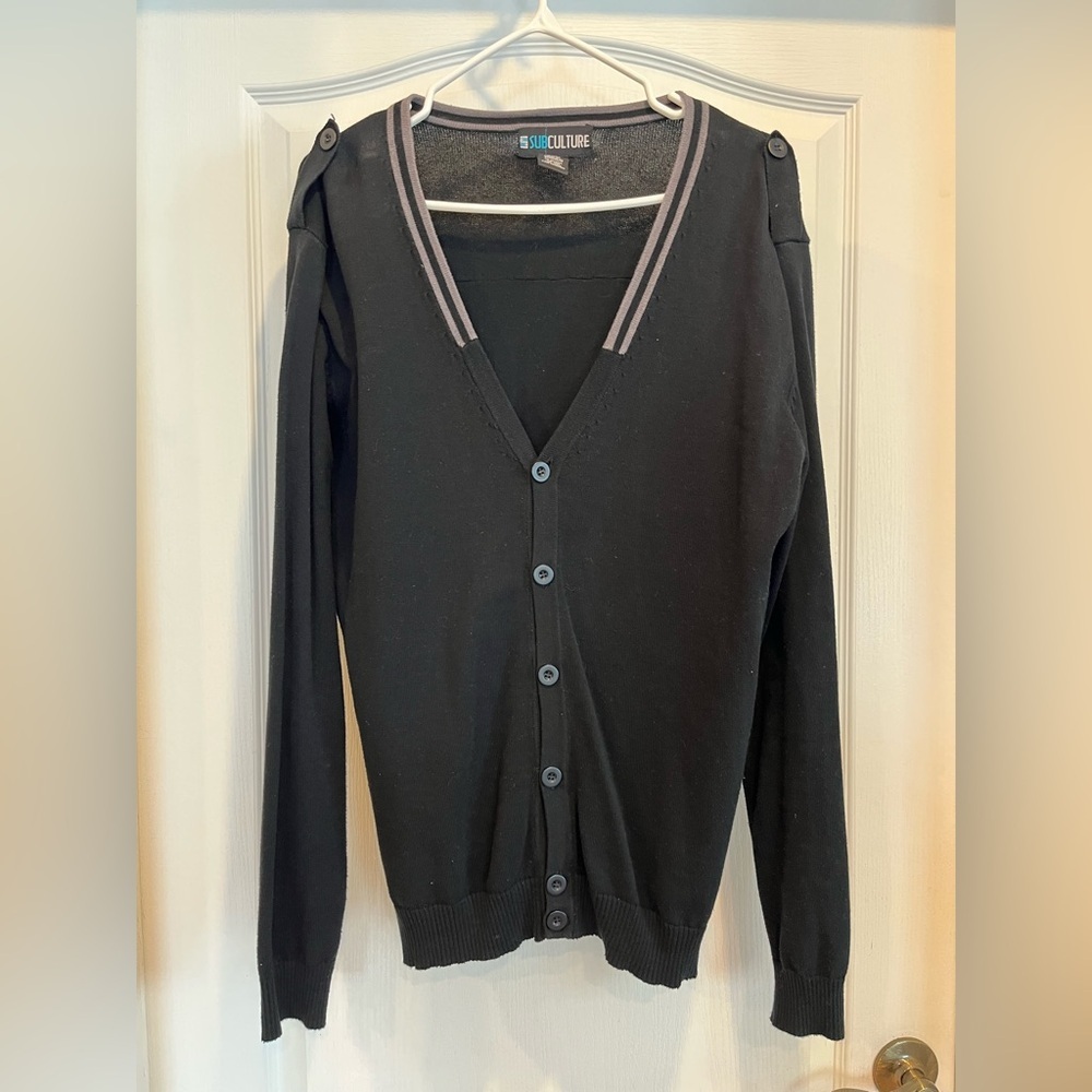 Black Cardigan Sweater with V-neck Design and Contrasting Trim Size Medium